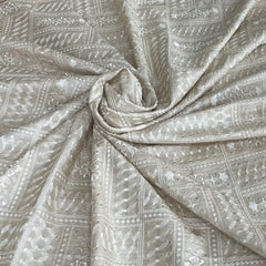 Natural Beige Abstract Sequins Thread Pure Tussar Embroidery