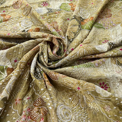 Mehendi Green Floral Printed Sequins Thread Crepe Embroidery