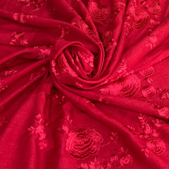 Red Floral Thread Self Slub Silk Embroidery