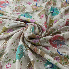 Natural Gold Figure Printed Sequins Thread Crepe Embroidery