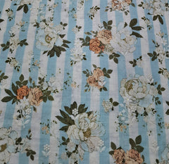 White Blue Stripes Floral Thread and Sequins Linen Embroidery