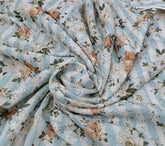 White Blue Stripes Floral Thread and Sequins Linen Embroidery