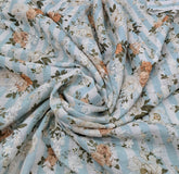 White Blue Stripes Floral Thread and Sequins Linen Embroidery