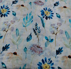 White and Blue Floral Print Thread and Sequins Linen Embroidery