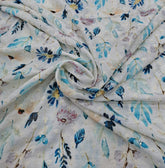 White and Blue Floral Print Thread and Sequins Linen Embroidery