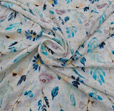 White and Blue Floral Print Thread and Sequins Linen Embroidery
