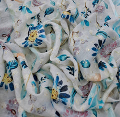 White and Blue Floral Print Thread and Sequins Linen Embroidery