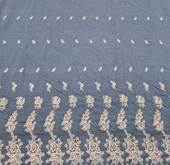 Blue White Linen Daman Cutwork Embroidery
