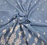 Blue White Linen Daman Cutwork Embroidery