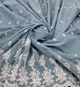 Pastel Blue White Linen Daman Cutwork Embroidery