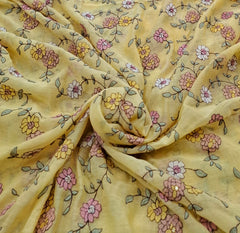 Lemon Yellow Floral Multicolor Threadwork Jal Mul Chanderi Embroidery
