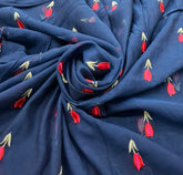 Navy Blue Flower Threadwork Mul Chanderi Embroidery