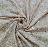 Beige Geometric Multicolor Thread and Mirrorwork Slub Silk Embroidery