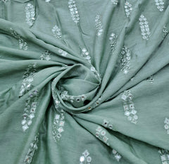 Sea Green Geometric Butti Thread and Mirrorwork Slub Silk Embroidery