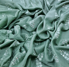 Sea Green Geometric Butti Thread and Mirrorwork Slub Silk Embroidery