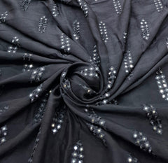 Black Geometric Butti Thread and Mirrorwork Slub Silk Embroidery