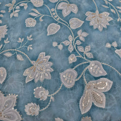 Blue Floral Jal Print and Muslin Cotton Embroidery