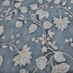 Bluish Grey Floral Jal Print and Muslin Cotton Embroidery
