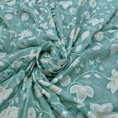 Sea Green Floral Jal Print and Muslin Cotton Embroidery