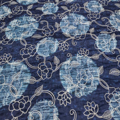 Navy Blue Floral Print And Cotton Embroidery