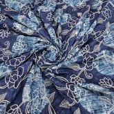 Navy Blue Floral Print And Cotton Embroidery
