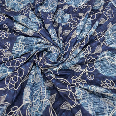 Navy Blue Floral Print And Cotton Embroidery