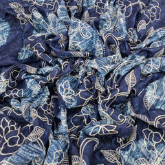 Navy Blue Floral Print And Cotton Embroidery