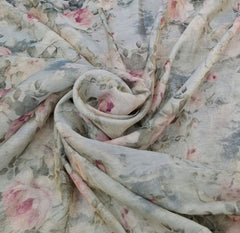 Whiteish Blue Multicolor Floral Tissue Chanderi Print