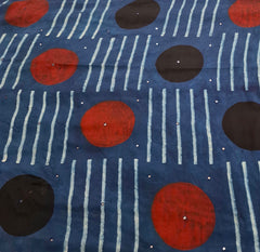Blue Red Modal Satin Striped Mirrorwork Ajrakh Print