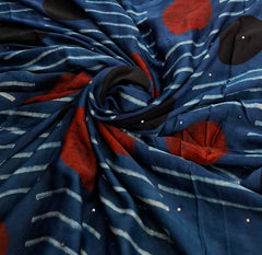 Blue Red Modal Satin Striped Mirrorwork Ajrakh Print
