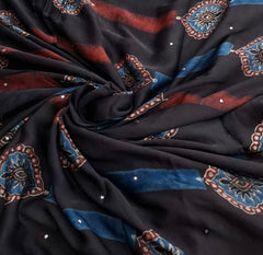 Black Red Blue Modal Satin Striped Mirrorwork Ajrakh Print