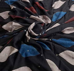 Black Blue Modal Satin Leaf Ajrakh Print