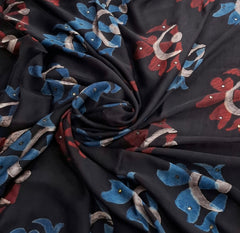 Black Red Blue Floral Modal Satin Ajrakh Print