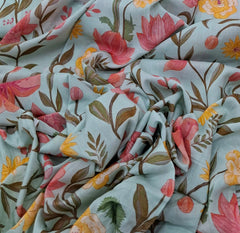 Light Blue Floral Mul Cotton Printed