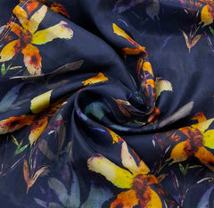 Blue Yellow Floral Habutai Silk Printed
