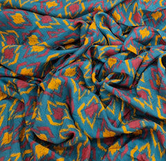 Teal Blue Geometric Ikkat Muslin Printed