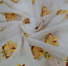 Off White Yellow Floral Thread Mul Chanderi Embroidery