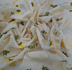 Off White Yellow Floral Jal Thread Mul Chanderi Embroidery