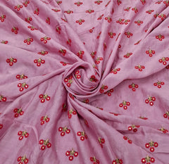 Onion Pink Floral Thread & Zari Chanderi Embroidery