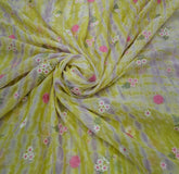 Lime Green Lavender Tye Dye Floral Thread Mul Chanderi Embroidery