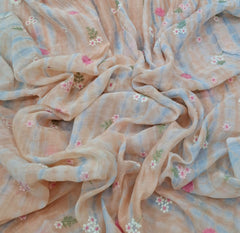 Peach Blue Tye Dye Floral Thread Mul Chanderi Embroidery