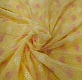 Yellow Off White Floral Motifs Thread Mul Chanderi Embroidery