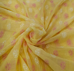 Yellow Off White Floral Motifs Thread Mul Chanderi Embroidery