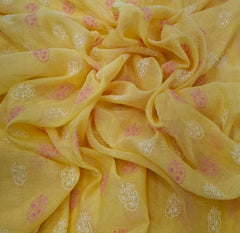 Yellow Off White Floral Motifs Thread Mul Chanderi Embroidery