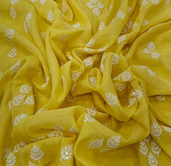 Yellow Tree Thread & Sequin Mul Chanderi Embroidery