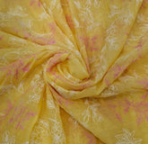 Yellow Pink Floral Jal Thread Mul Chanderi Embroidery