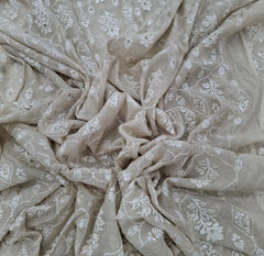Beige Floral Thread & Zari Work Mul Chanderi Embroidery