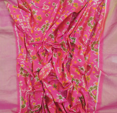 Rani Pink & Golden Zari Border Patola Pure Silk Double Weaving Ikkat