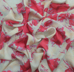 Cream & Redish Pink Rose Floral Modal Satin Printed