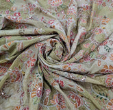 Pastel Green Floral Print Position Embroidered Crepe